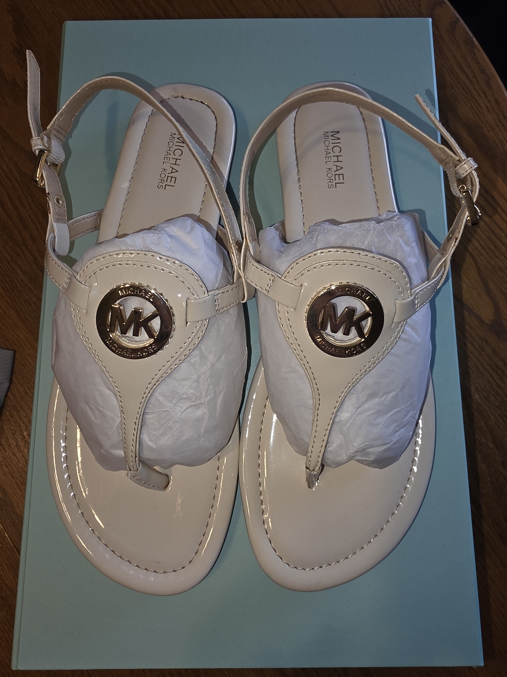MICHAEL Michael Kors Patent Leather MK Thong Sandals in Ivory